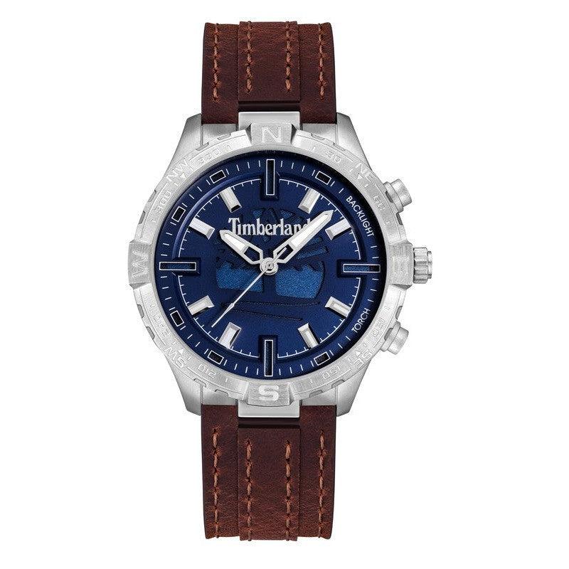 Timberland Flowell 46mm multifunction watch with a blue dial, stainless steel case, and durable brown leather strap.