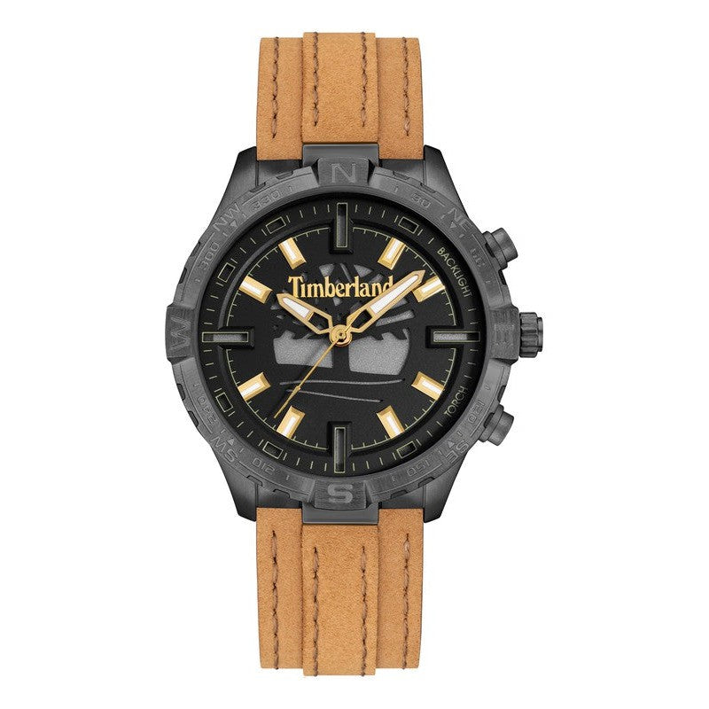 Timberland Flowell 46mm multifunction watch with a black stainless steel case and durable tan leather strap.