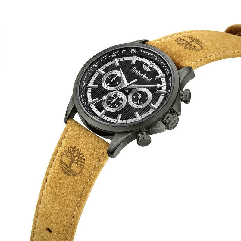 Timberland Hampton Harbour 46mm watch with a black stainless steel case, multifunction dial, and tan leather strap.