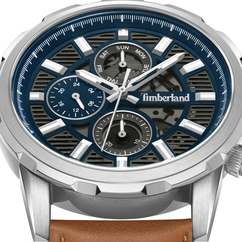 Timberland Hampton Harbour 46mm watch with a blue multifunction dial, stainless steel case, and brown leather strap.