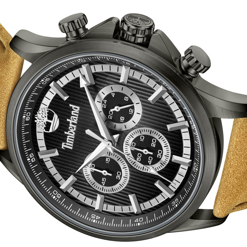 Timberland Hampton Harbour watch with a 46mm black stainless steel case, textured black dial, and coffee brown leather strap.