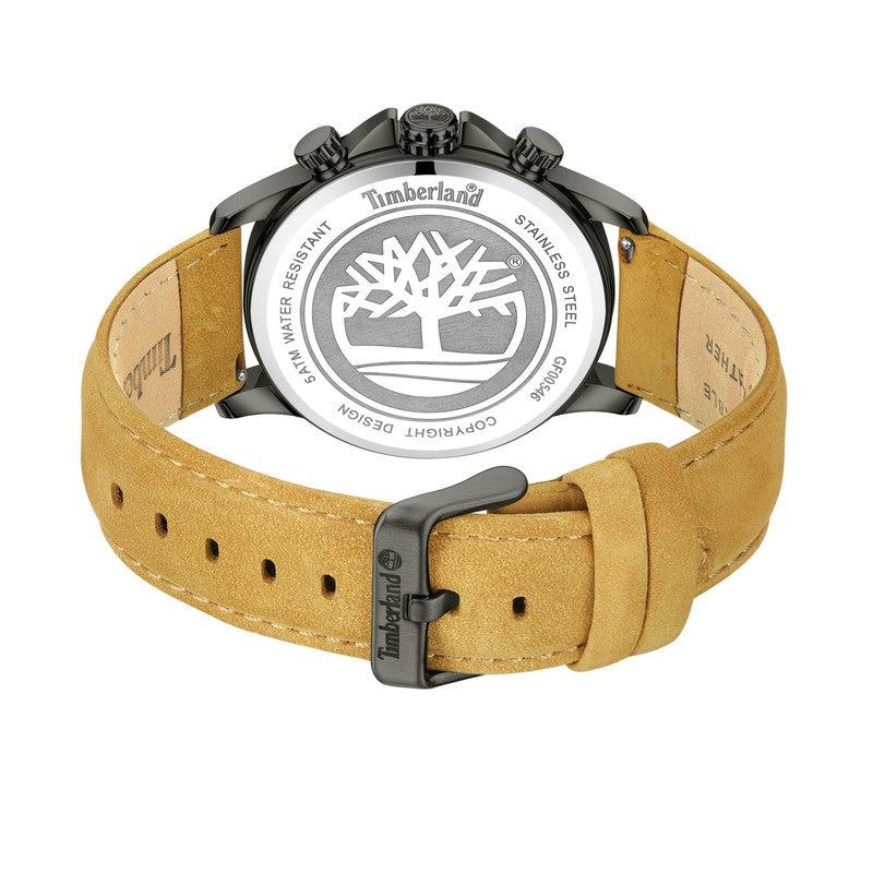 Timberland Hampton Harbour watch back view with stainless steel case and premium coffee-colored leather strap.