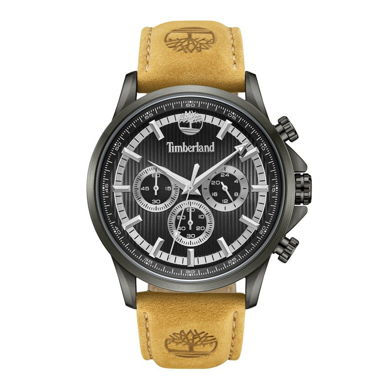 Timberland Hampton Harbour 46mm watch with a black multifunction dial, stainless steel case, and tan leather strap.
