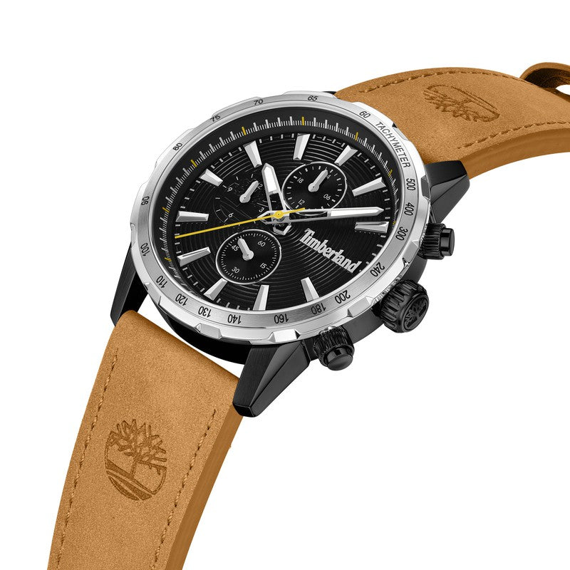 Timberland Kennebunk 46mm watch featuring a black multifunction dial, stainless steel case, and tan leather strap.