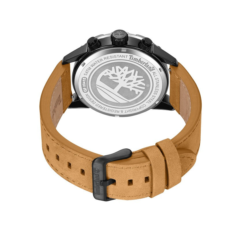 Back view of Timberland Kennebunk 46mm watch featuring an IP black stainless steel case and premium tan leather strap.