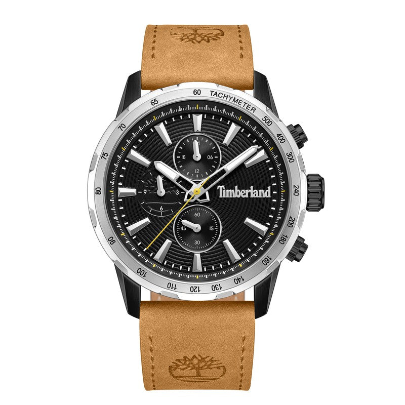 Timberland Kennebunk 46mm multifunction watch with black dial, IP black stainless steel case, and tan leather strap.