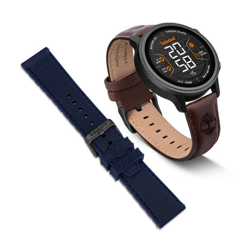 Timberland Trail Force smartwatch with brown leather strap and additional navy silicone band in a premium gift set.