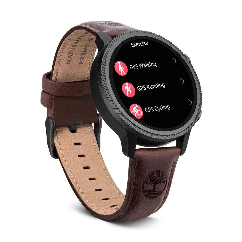 Timberland Trail Force smartwatch with a brown leather strap and digital exercise menu display on a black round face.