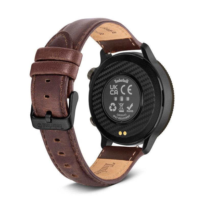 Timberland Trail Force smartwatch back view featuring a premium brown leather strap and durable black casing.
