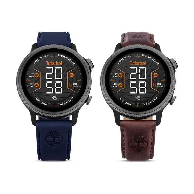Timberland Trail Force smartwatch set featuring navy silicone and brown leather straps with a digital fitness display.