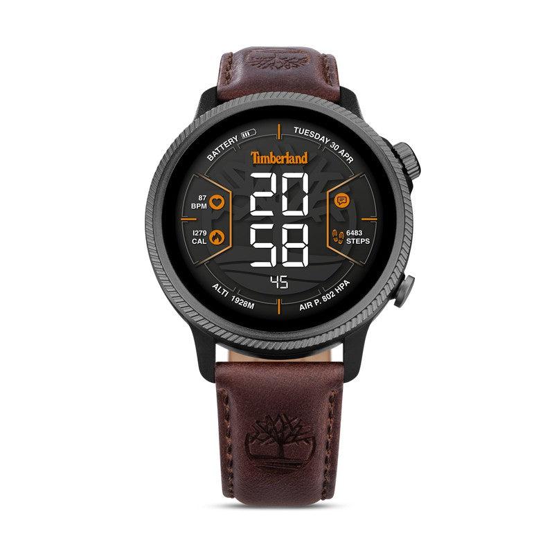 Timberland Trail Force smartwatch with a rugged black case and premium brown leather strap featuring a digital display.