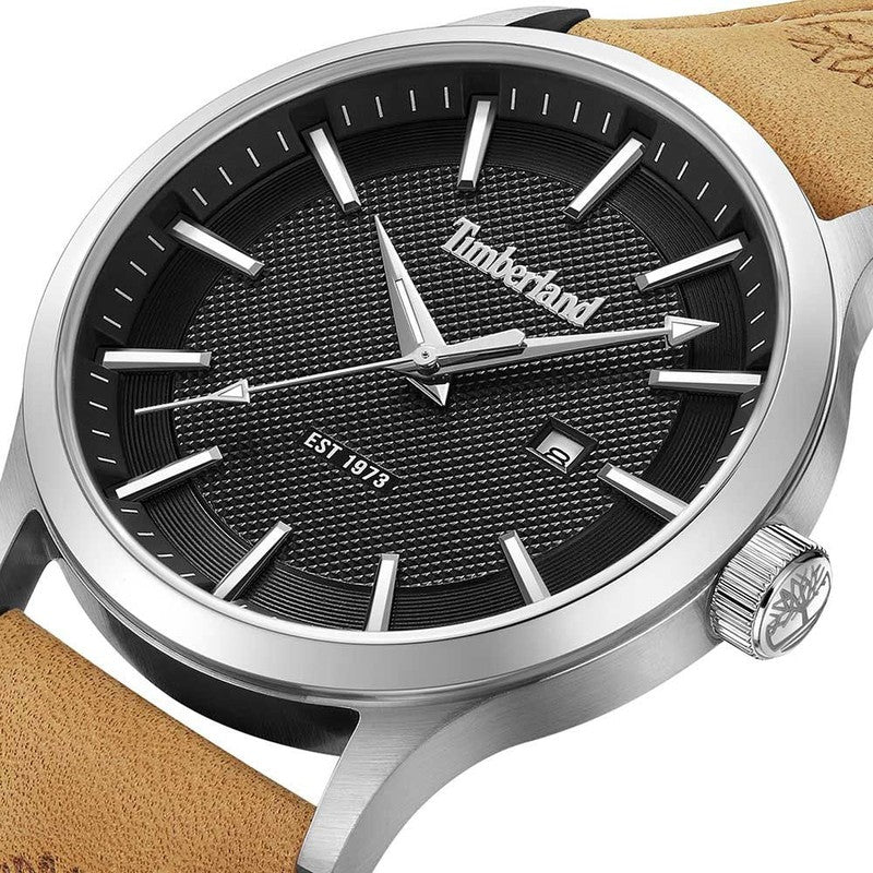 Timberland Trumbull men's watch with a 45mm silver stainless steel case, textured black dial, and tan leather strap.