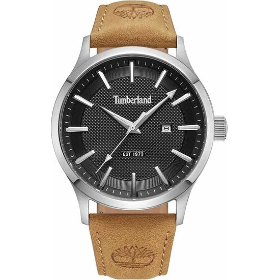 Timberland Trumbull men's watch with a 45mm silver stainless steel case, black textured dial, and tan leather strap.